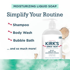 Kirk's coconut oil and aloe vera blend for hydrating daily care.