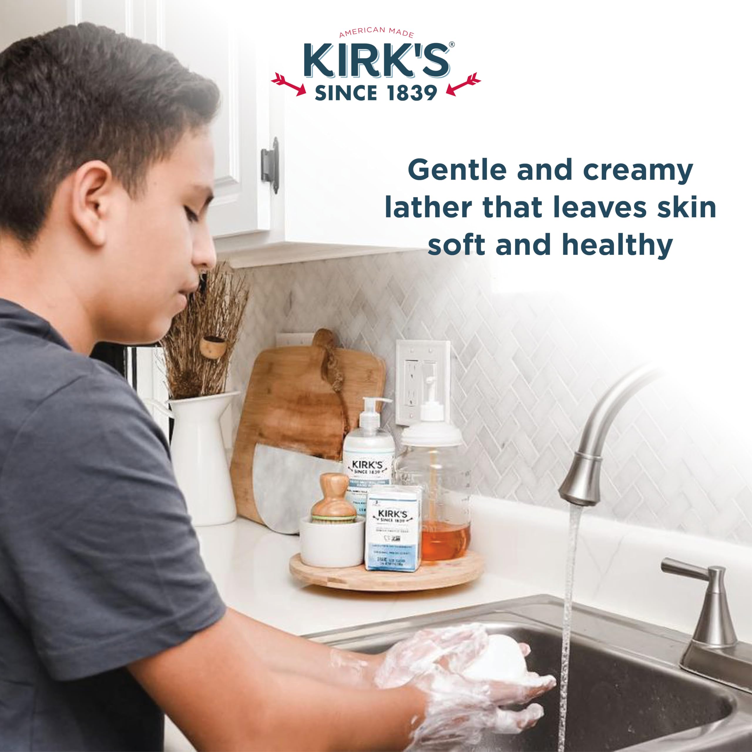Kirk's Original Coco Castile Soap biodegradable packaging underscores sustainable choices.