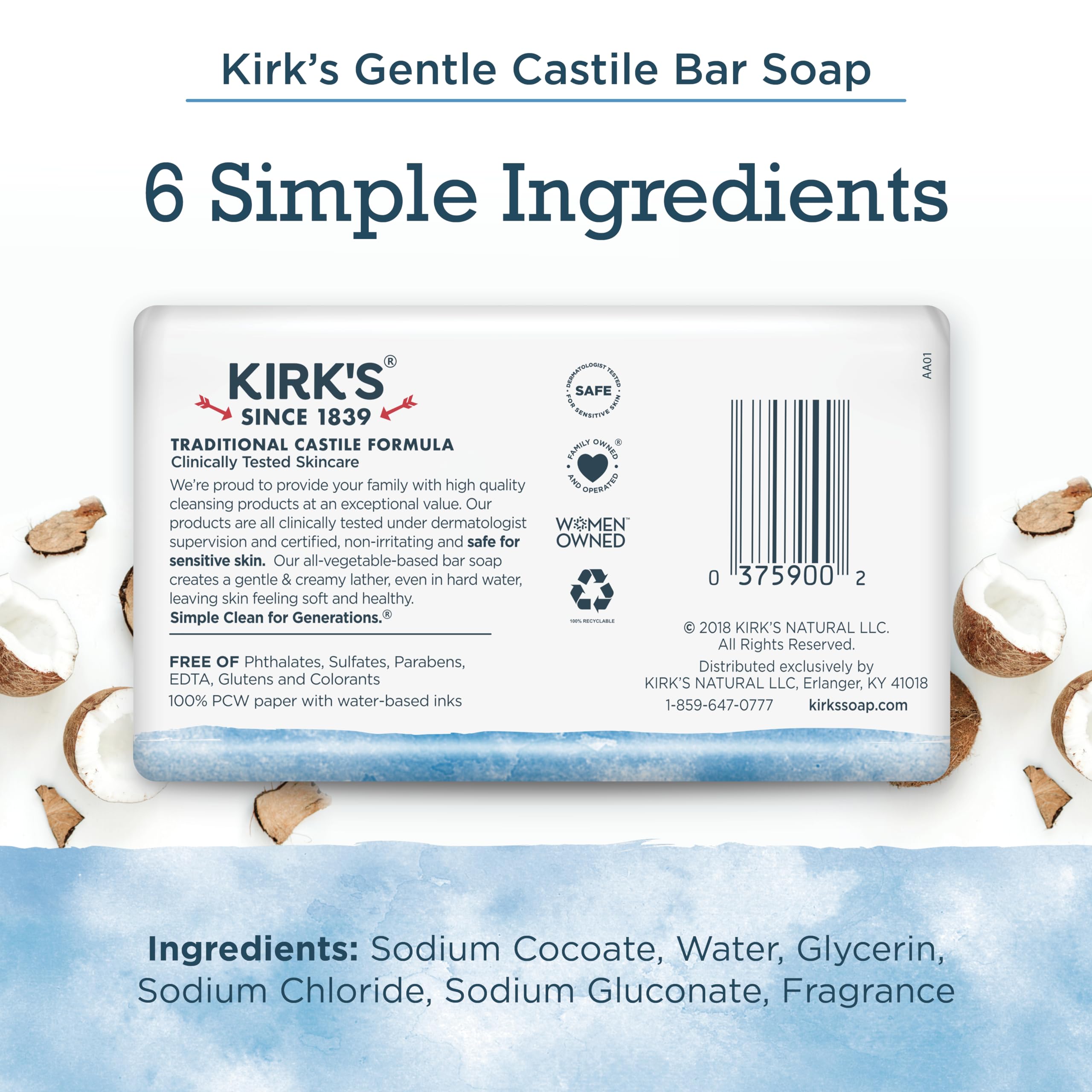 Kirk's Original Coco Castile Soap close-up bar texture emphasizes gentle, coconut-based cleansing.