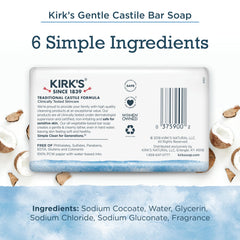 Kirk's Original Coco Castile Soap close-up bar texture emphasizes gentle, coconut-based cleansing.
