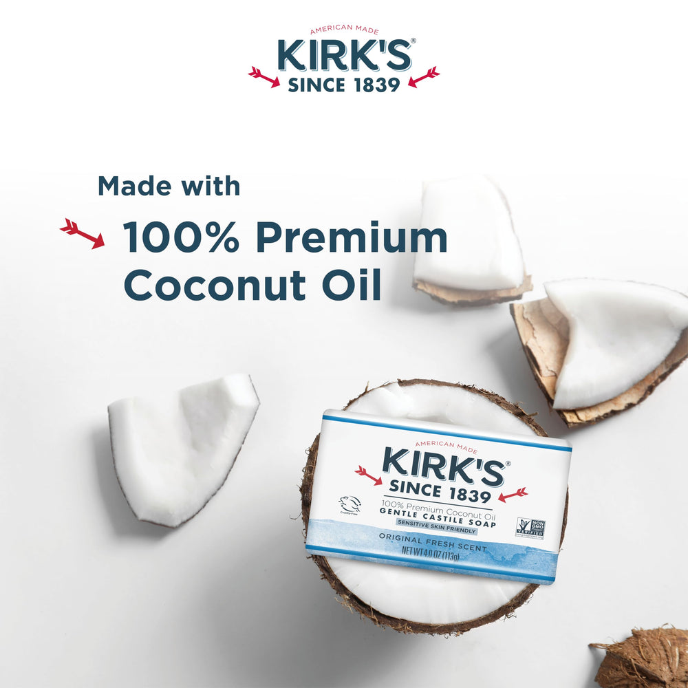 Kirk's Original Coco Castile Soap hand lather shows mild, skin-friendly cleansing.
