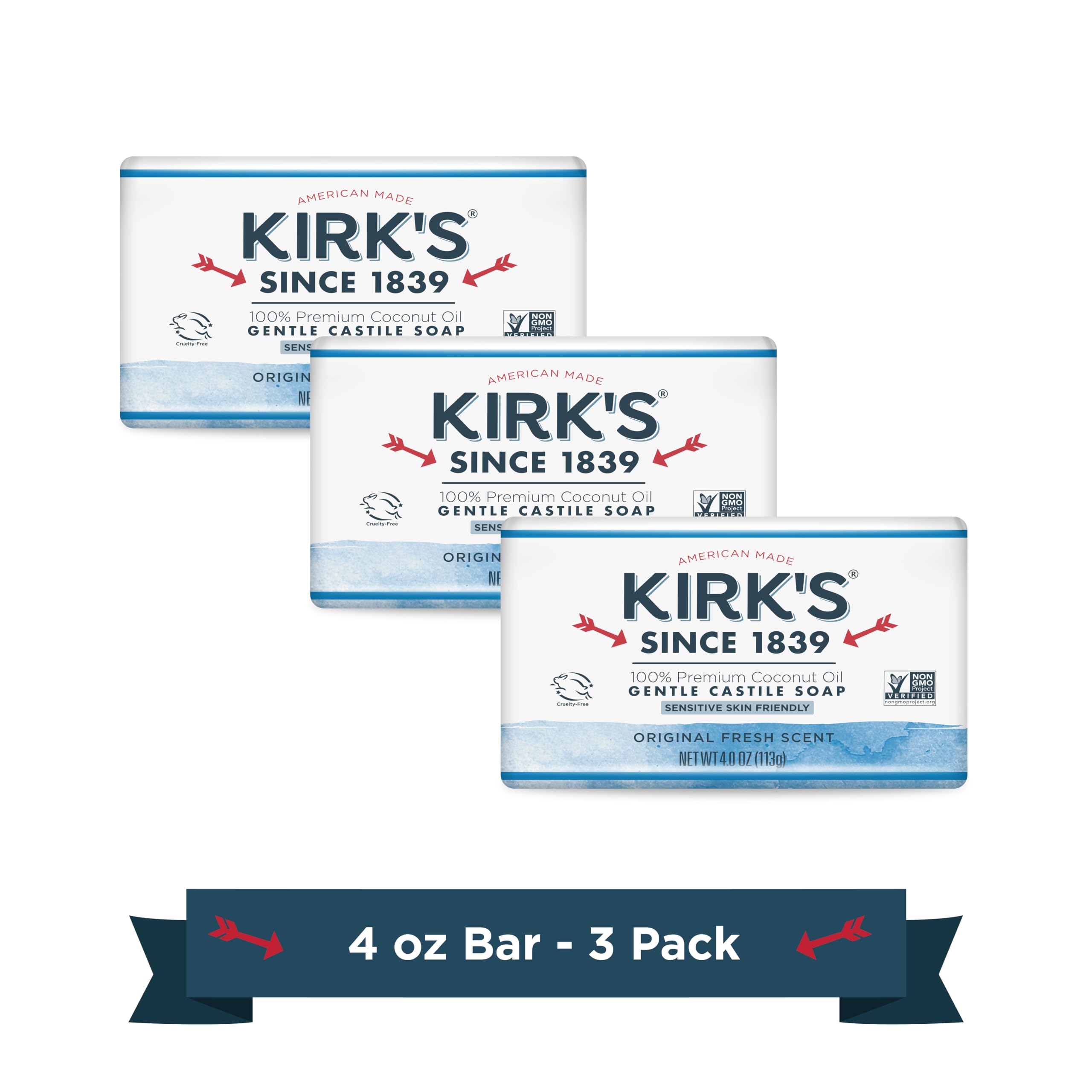Kirk's Original Coco Castile Soap pack 3 packaging highlighting eco-friendly trio for everyday cleansing.