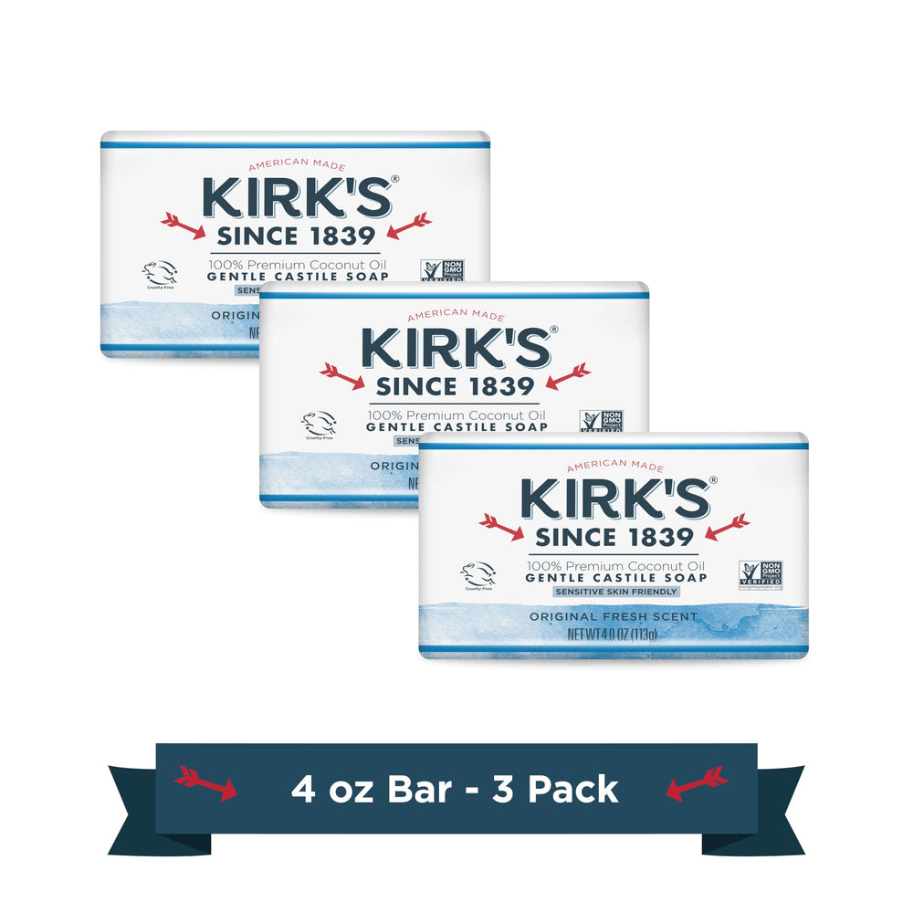 Kirk's Original Coco Castile Soap pack 3 packaging highlighting eco-friendly trio for everyday cleansing.