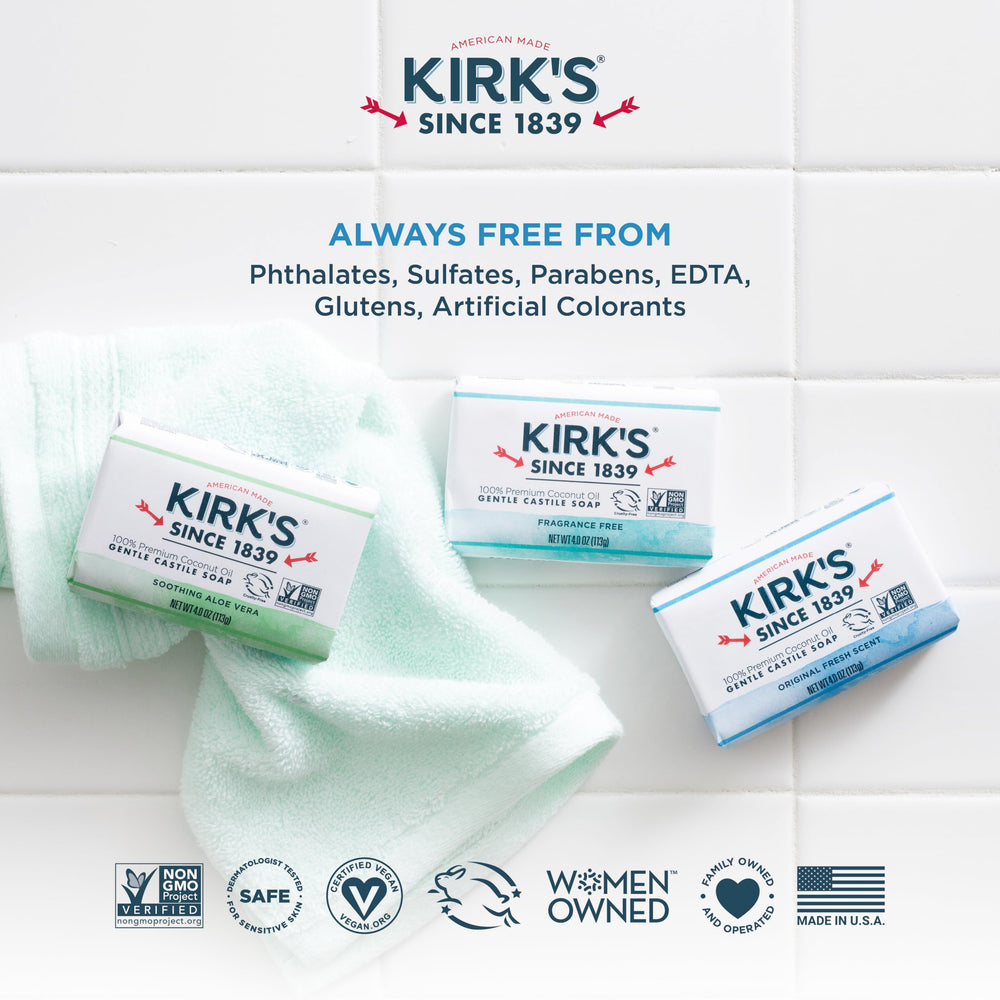 Kirk's Original Coco Castile Soap trio on bathroom shelf suggests value and convenience.