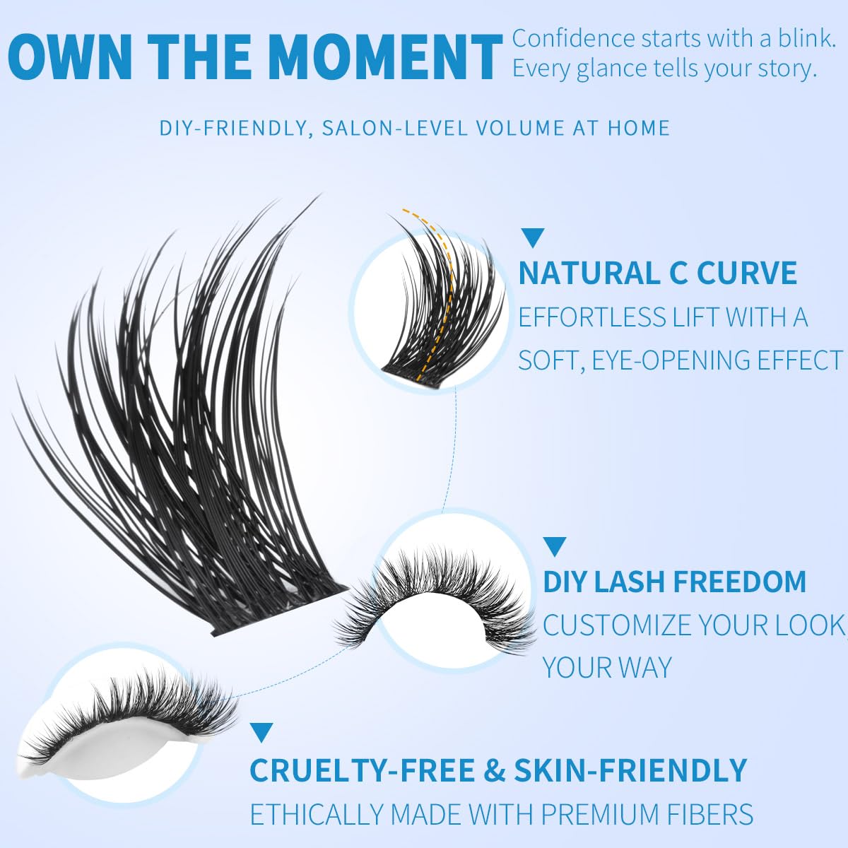 Kiromiro Lash Clusters C-curve lift brightens eyes.