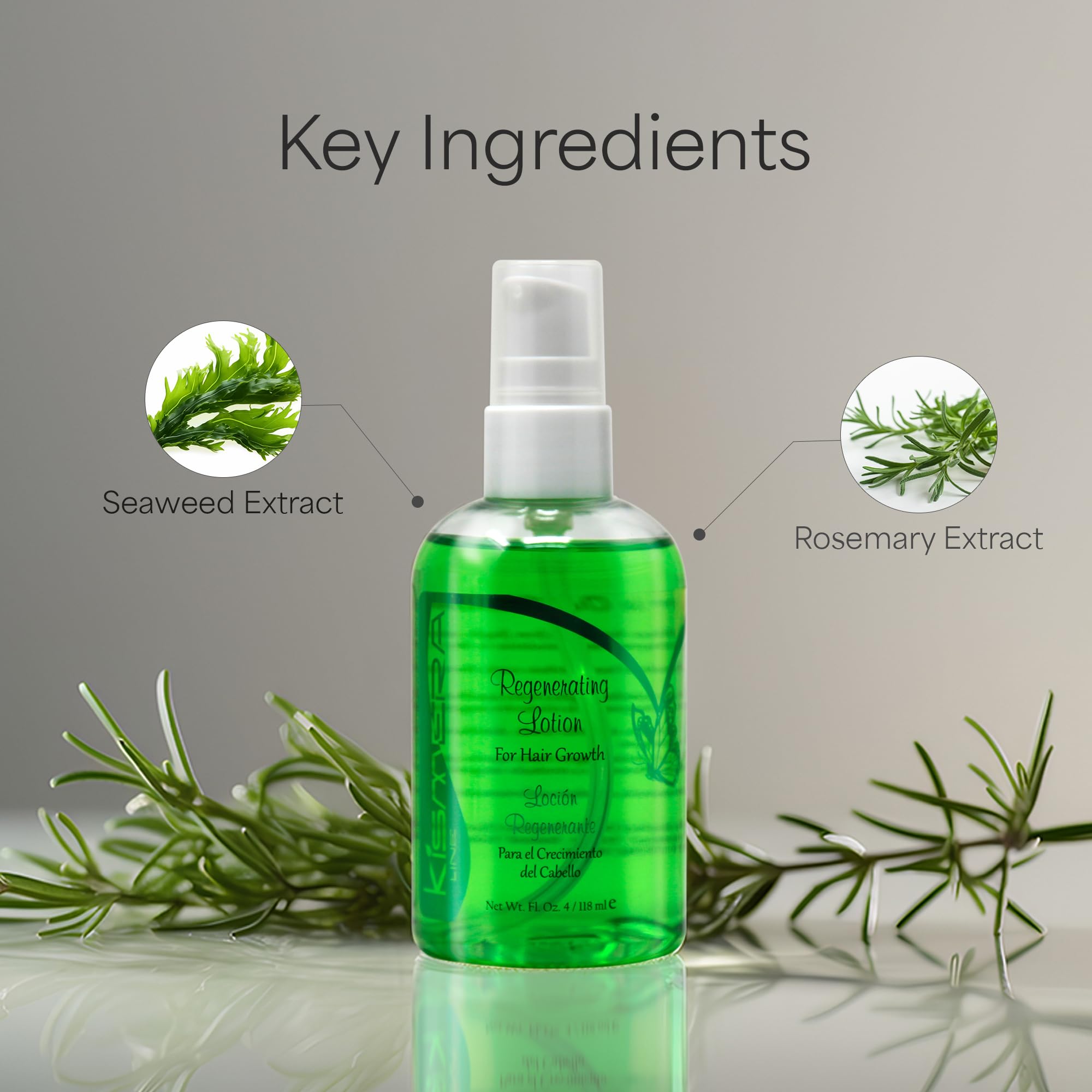 Hair care routine featuring Kismera Hair Growth Lotion alongside other products.