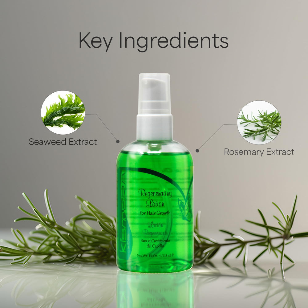 Hair care routine featuring Kismera Hair Growth Lotion alongside other products.