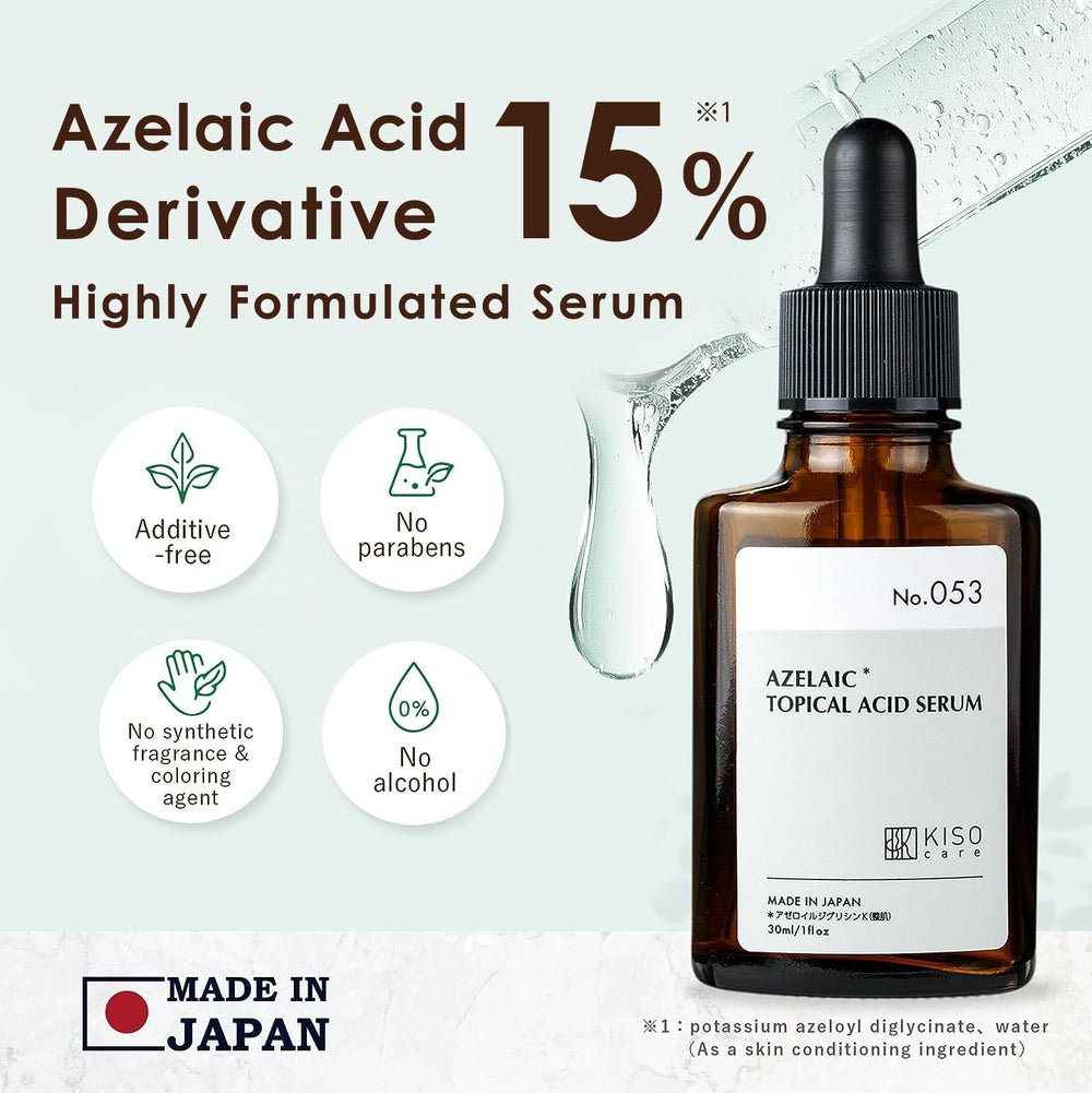 KisoCare Azelaic Acid Serum texture close-up shows a smooth, dewy finish.