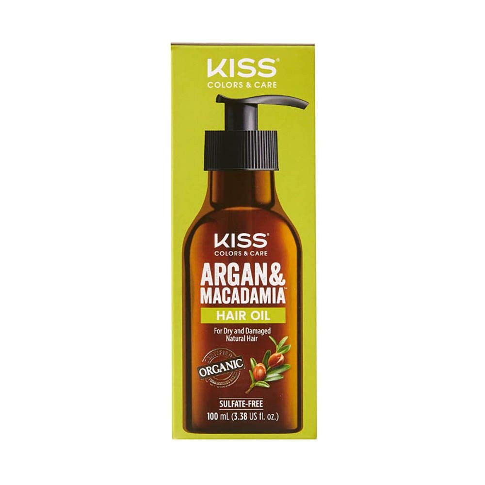 KISS Argan & Macadamia Reparative Hair Oil Serum bottle shows nourishing care.