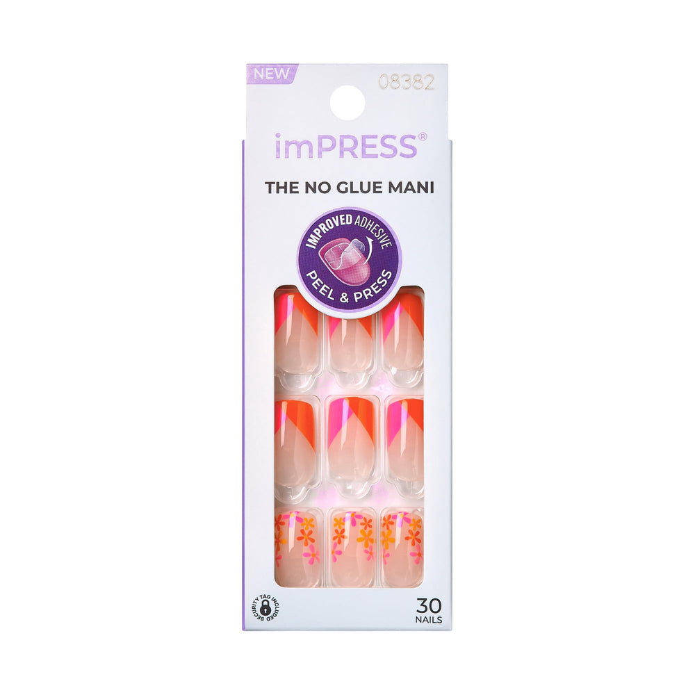 KISS imPRESS press-on nails in medium coffin shape with red-pink floral print for quick glossy wear