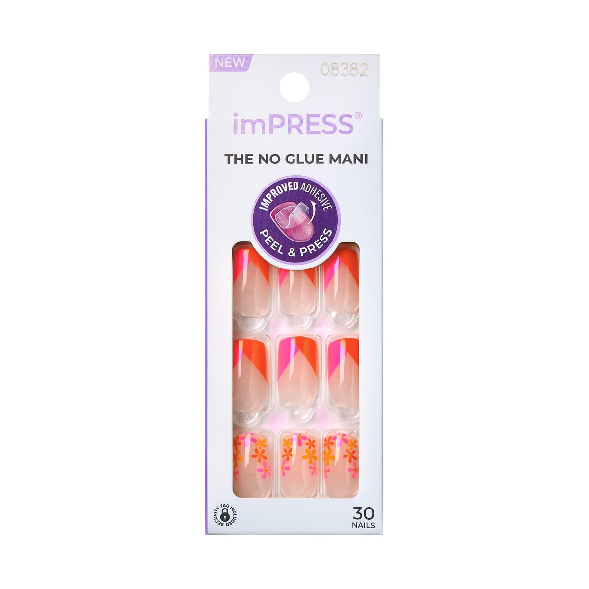KISS imPRESS press-on nails in medium coffin shape with red-pink floral print for quick glossy wear