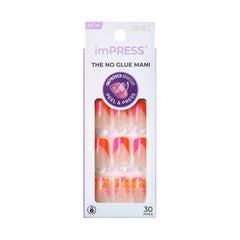 KISS imPRESS press-on nails in medium coffin shape with red-pink floral print for quick glossy wear
