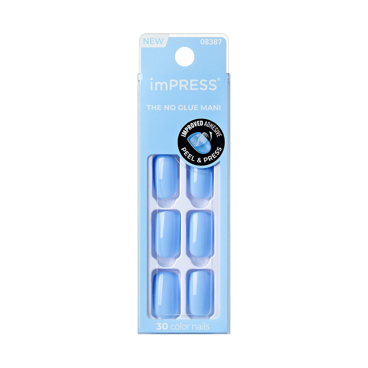 KISS imPRESS sky blue press-on nails deliver a glossy, long-lasting look.