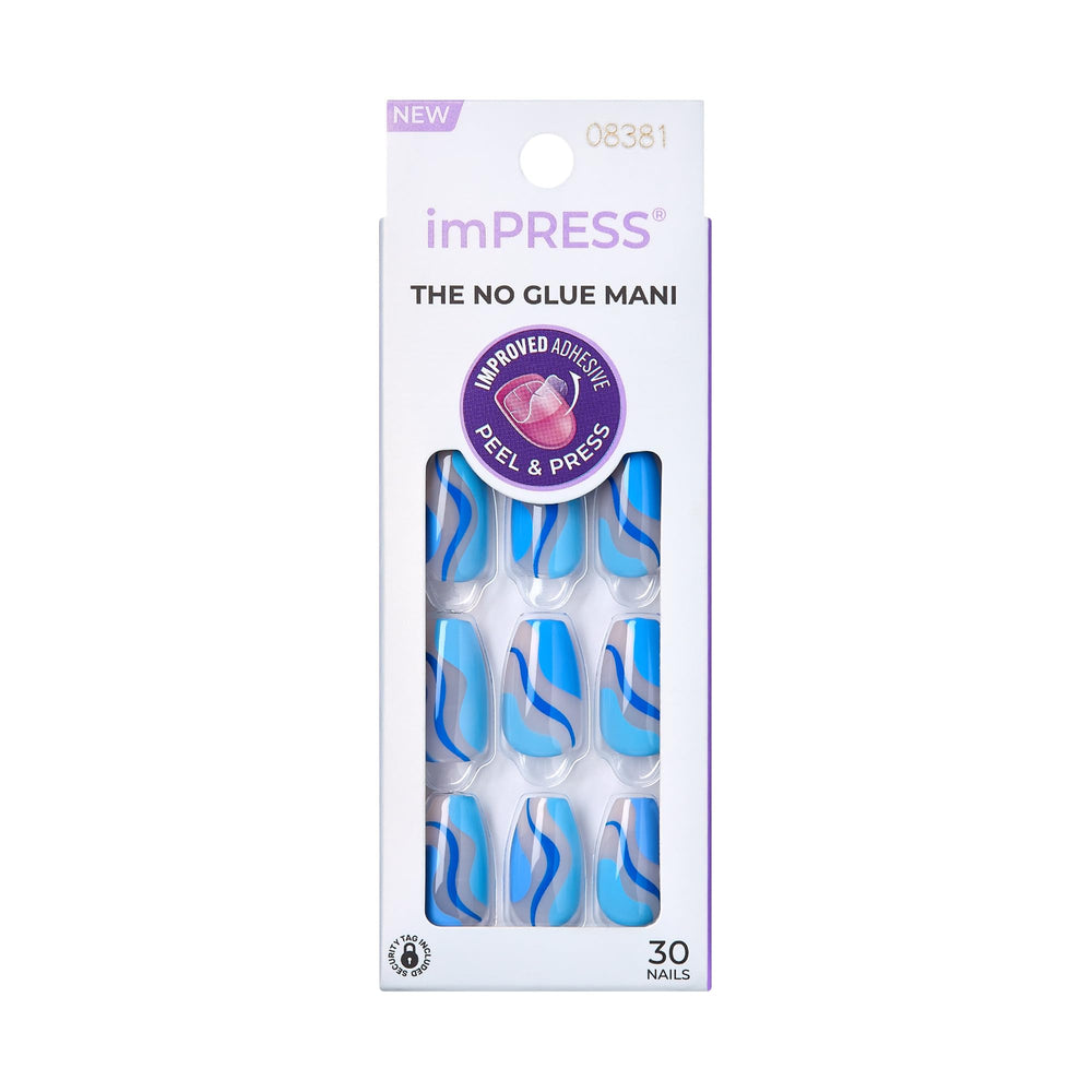 KISS imPRESS dynamic blue print nails in coffin shape for a bold, salon-ready look
