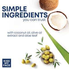 Olive oil and aloe blend in Kiss My Face shave cream for hydration.