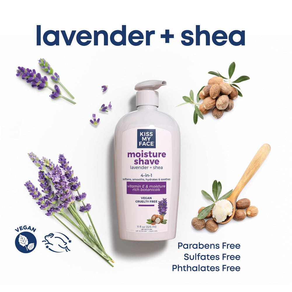 Kiss My Face Moisture Shave lavender scent promotes a calming shaving routine