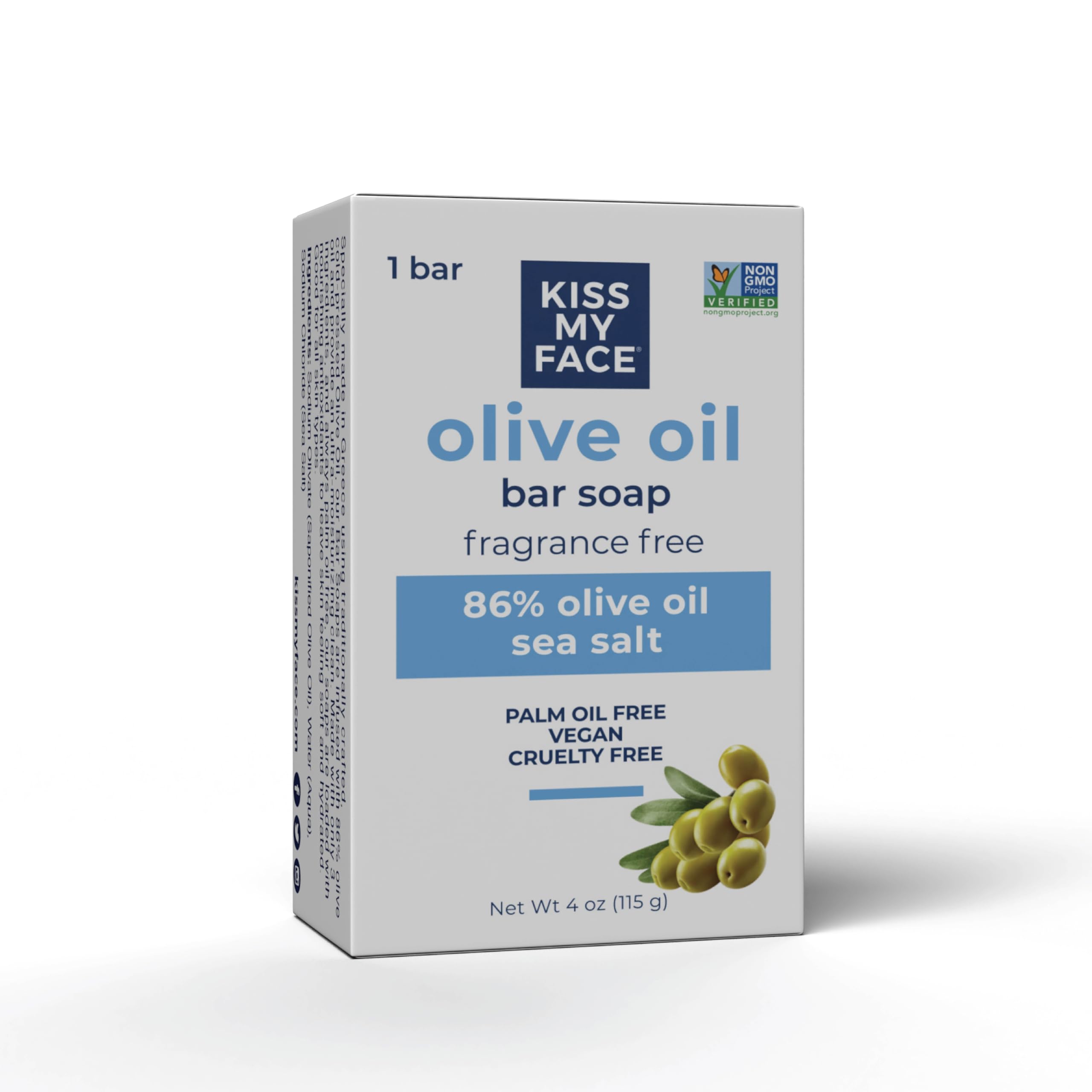 Kiss My Face olive oil fragrance-free bar soap packaging; cruelty-free and palm oil free.