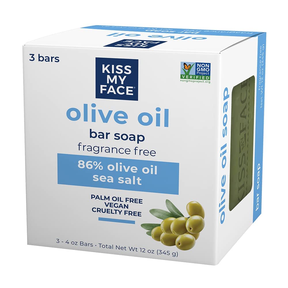 Kiss My Face Pure Olive Oil Soap 3-pack stacked for value and long-lasting moisture.