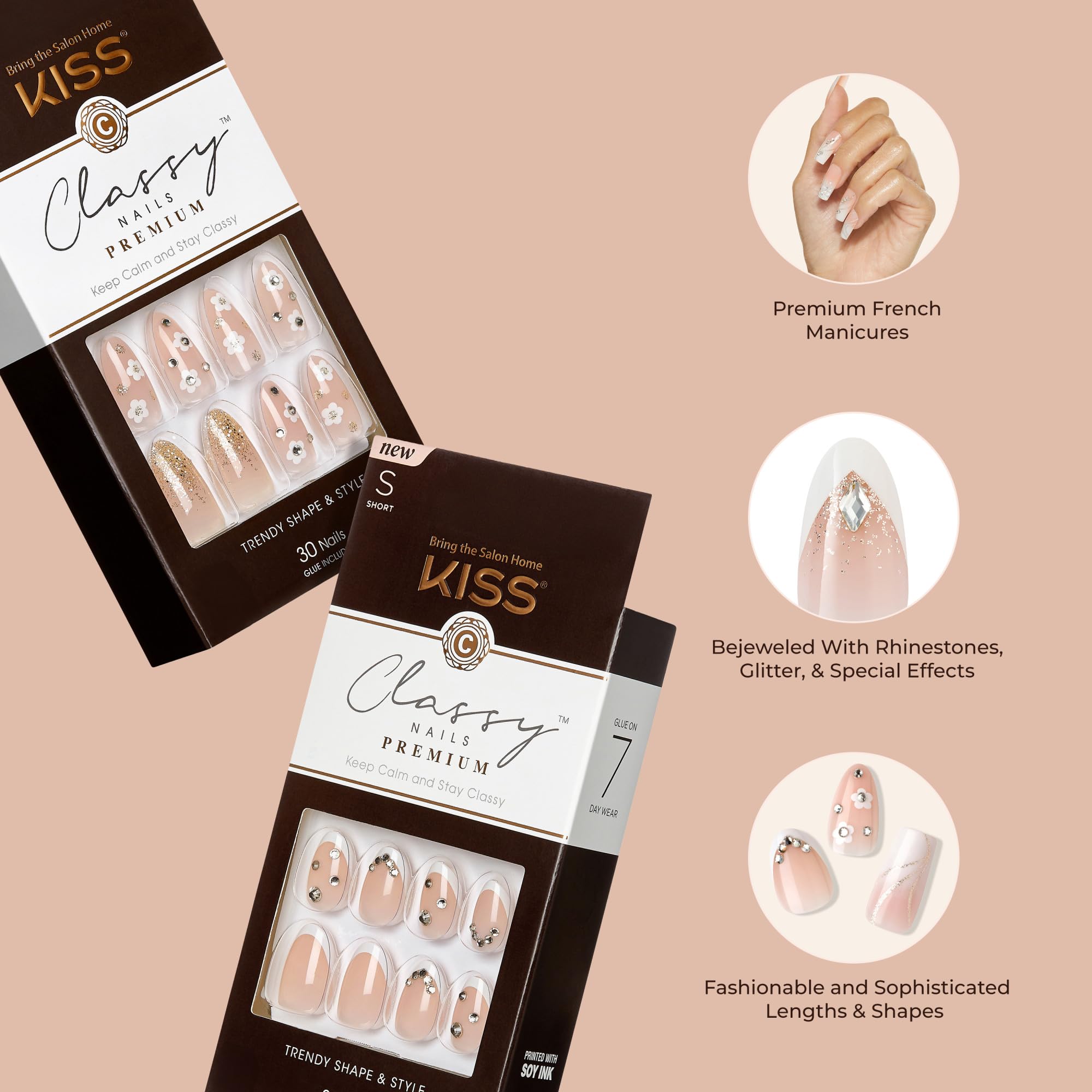 KISS Premium Classy Nails enable quick at-home application with lasting wear.