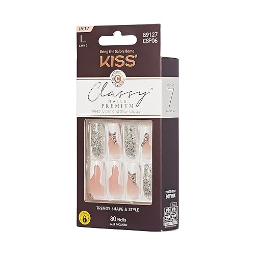 KISS Premium Classy Nails with 3D jewel accents for glamorous outfits.