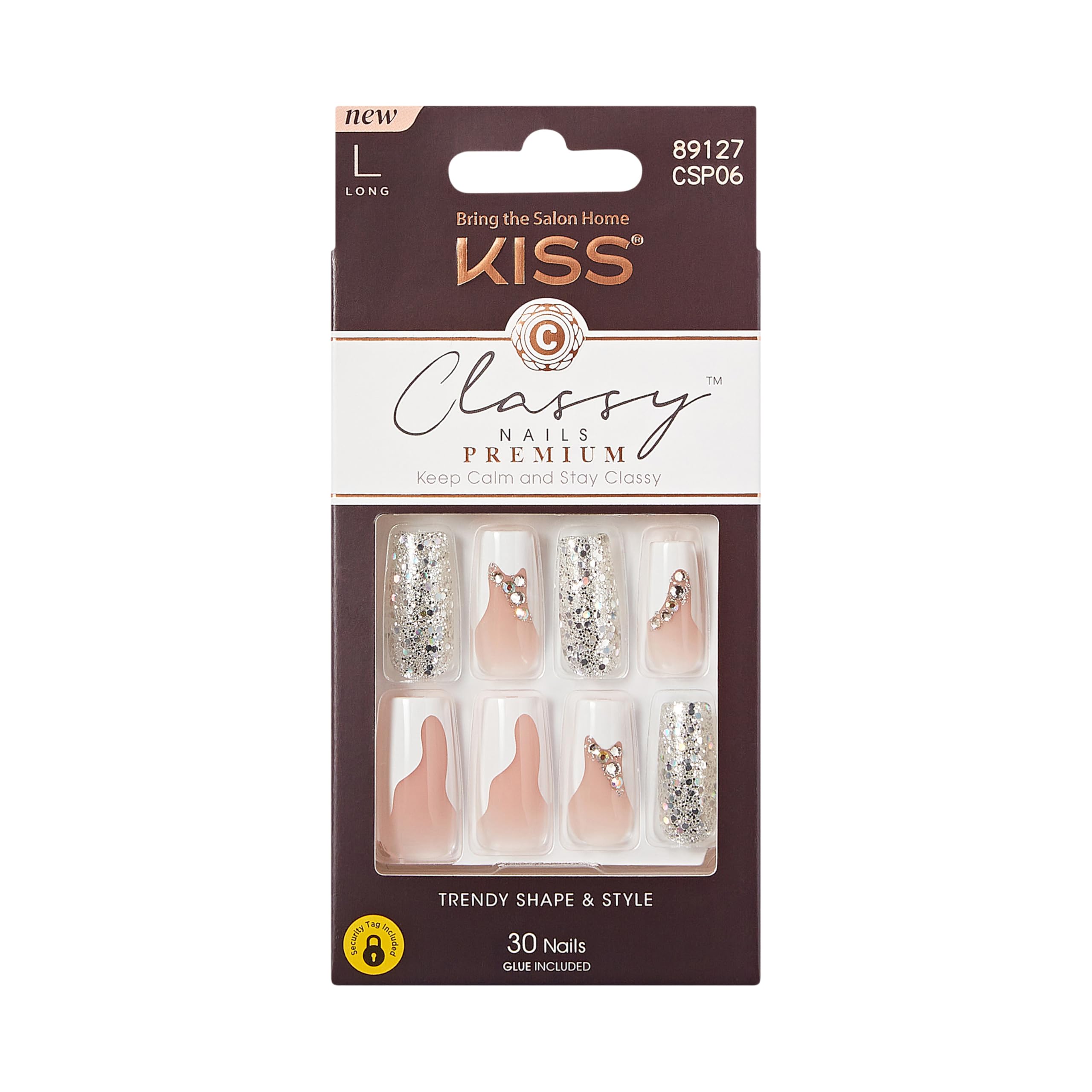 KISS Premium Classy Nails in long square shape for chic, ready-to-wear style.