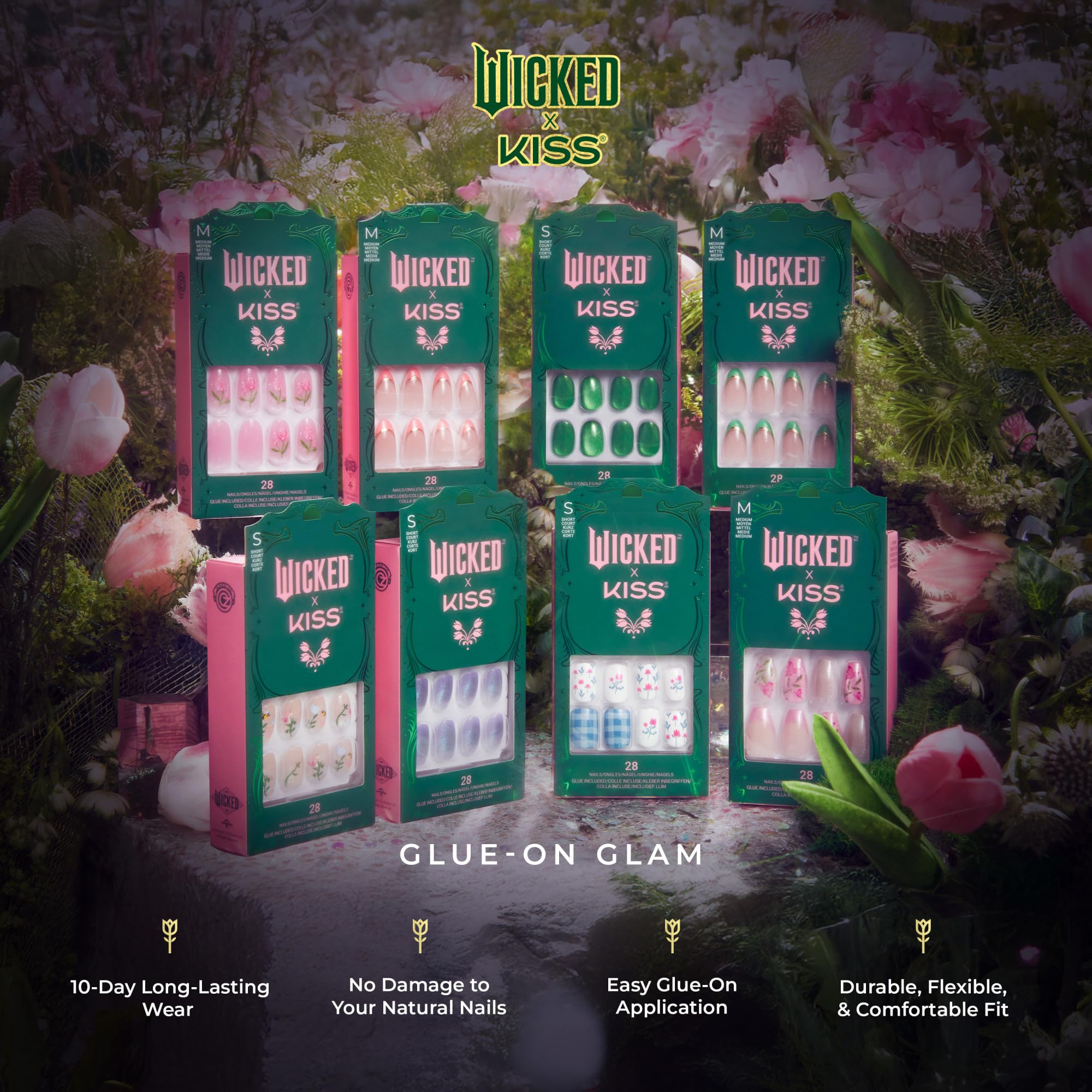 All-in-one kit includes 28 nails, pink gel glue, mini file and stick.