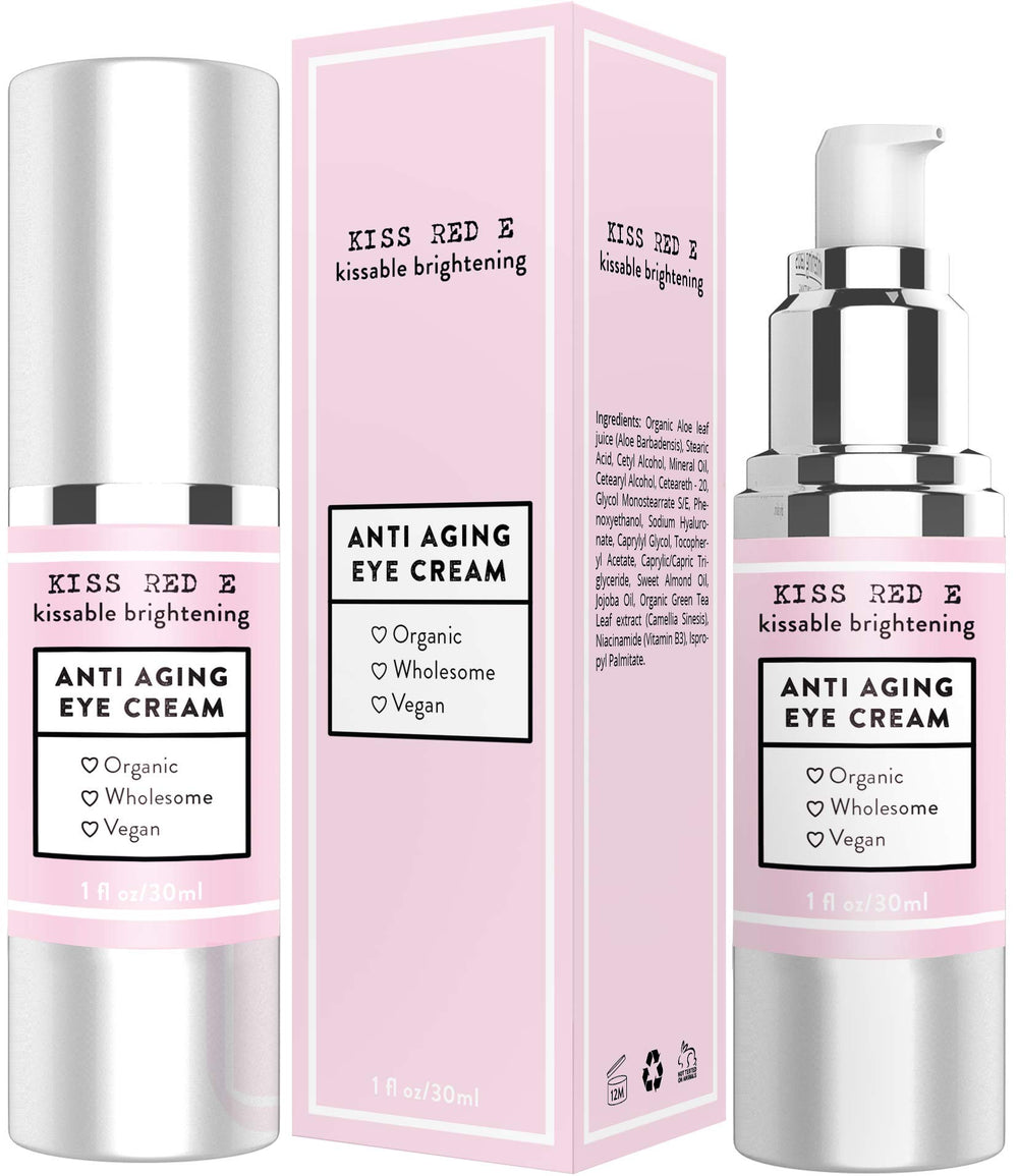 KissRedE anti aging eye cream bottle in premium packaging for on-the-go hydration