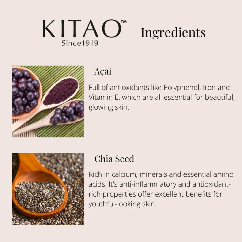 KITAO bottle on a minimalist counter conveys premium skincare for everyday use.