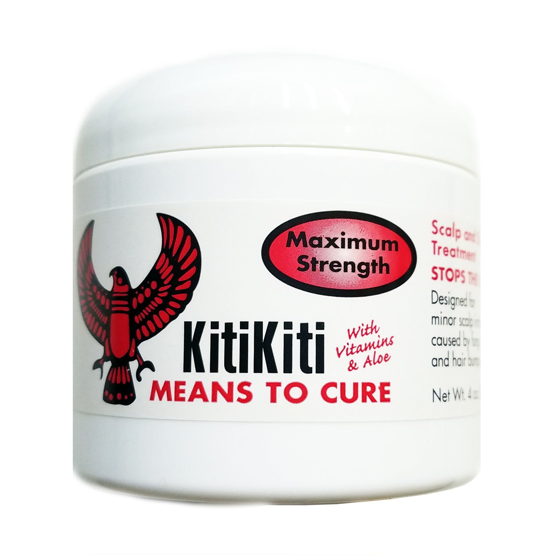 Kitikiti scalp and skin treatment jar displaying maximum-strength formula for irritated scalp care