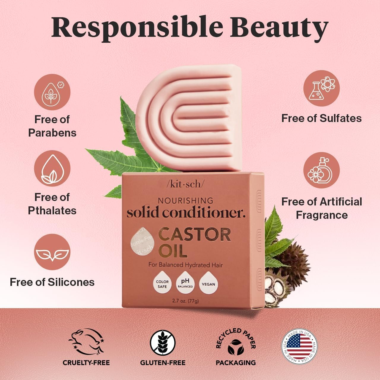 Kitsch Castor Oil Conditioner Bar illustrating natural shine without heaviness.