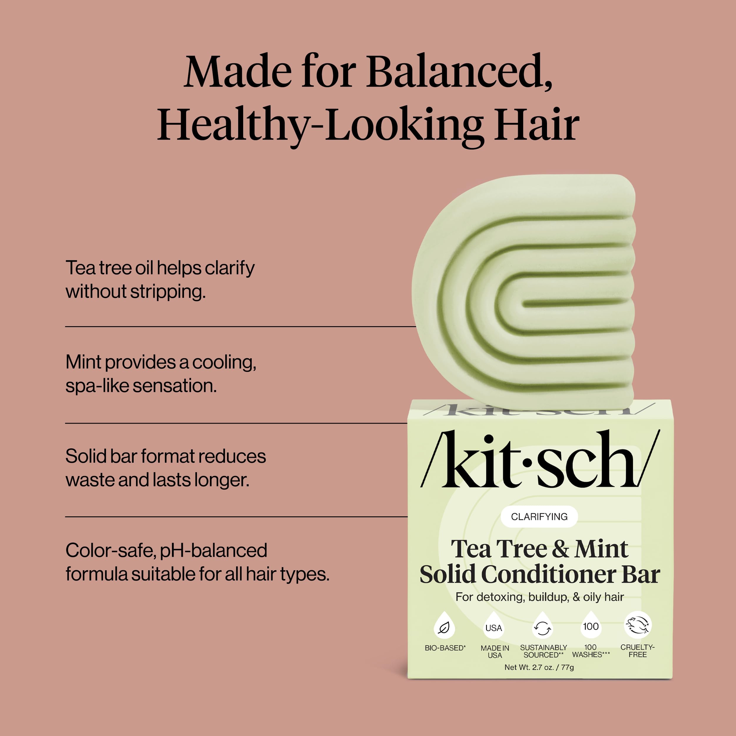 Kitsch conditioner bar beside color-safe labeling and natural care benefits.