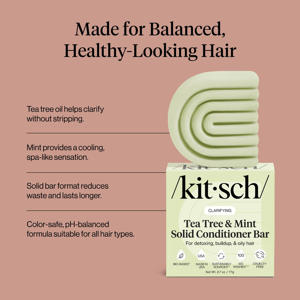 Kitsch conditioner bar beside color-safe labeling and natural care benefits.