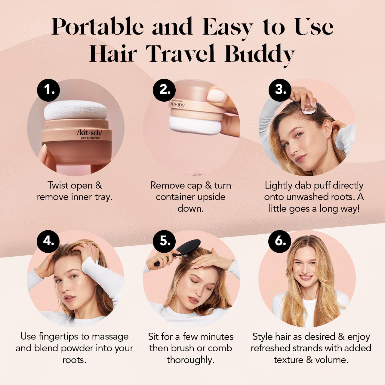 Kitsch dry shampoo built-in puff in close-up shows application tool.