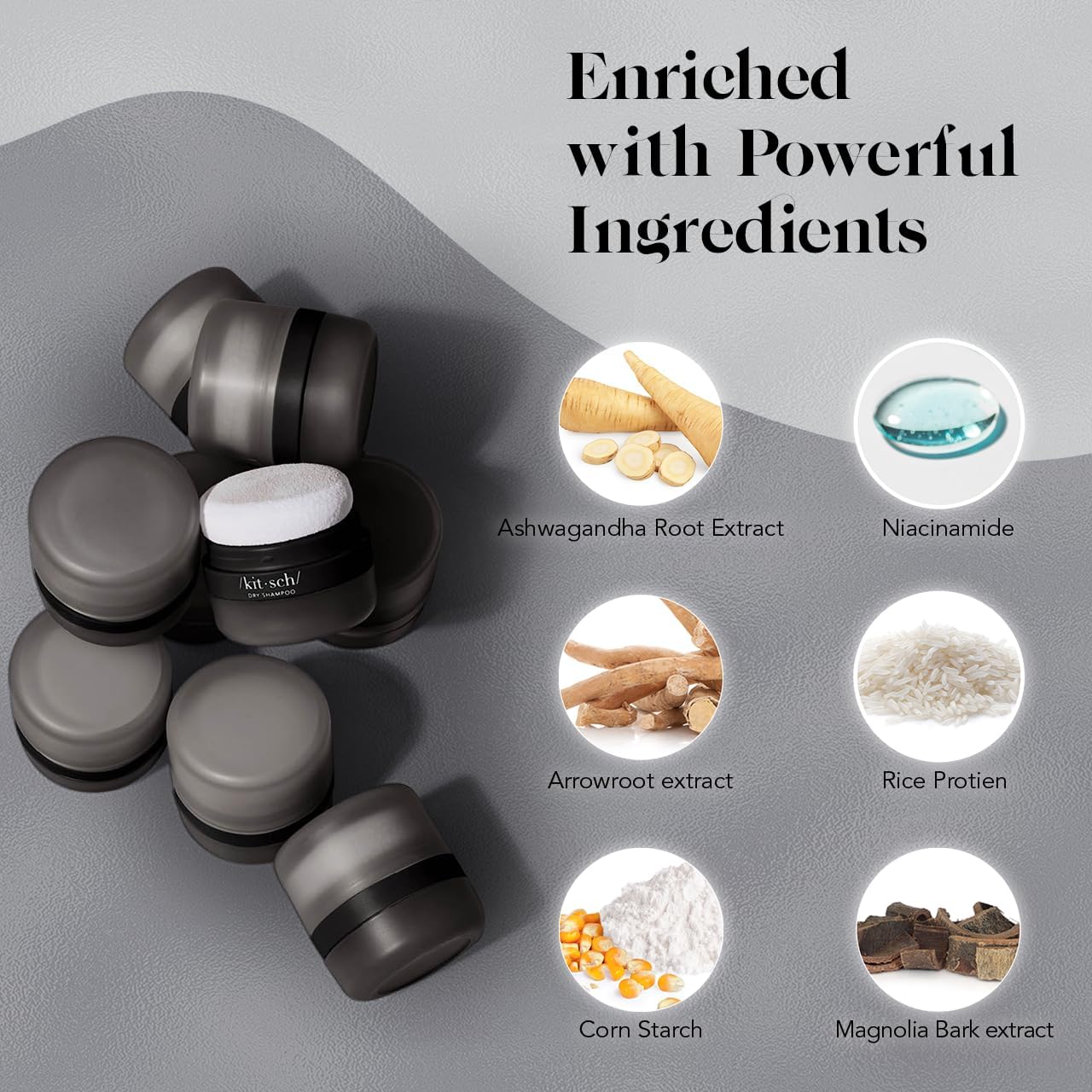 Kitsch dry shampoo powder with built-in puff for easy refresh