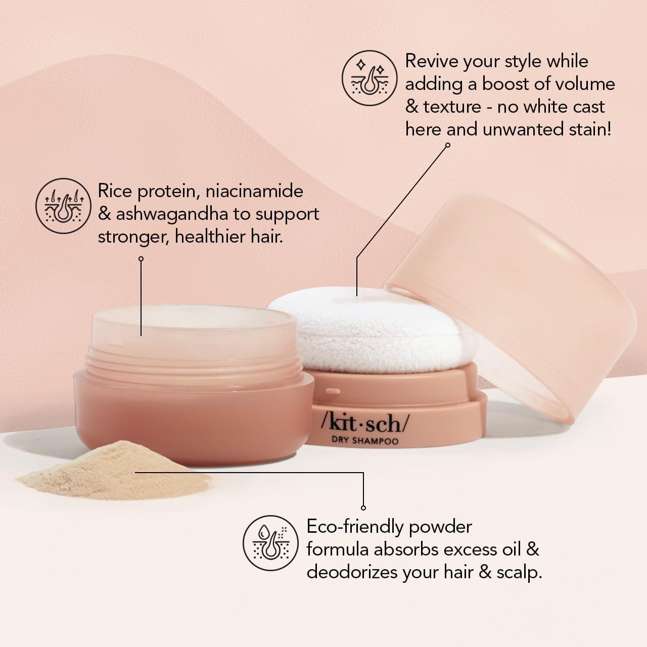 Kitsch dry shampoo travel-puff built-in enables easy on-the-go application.