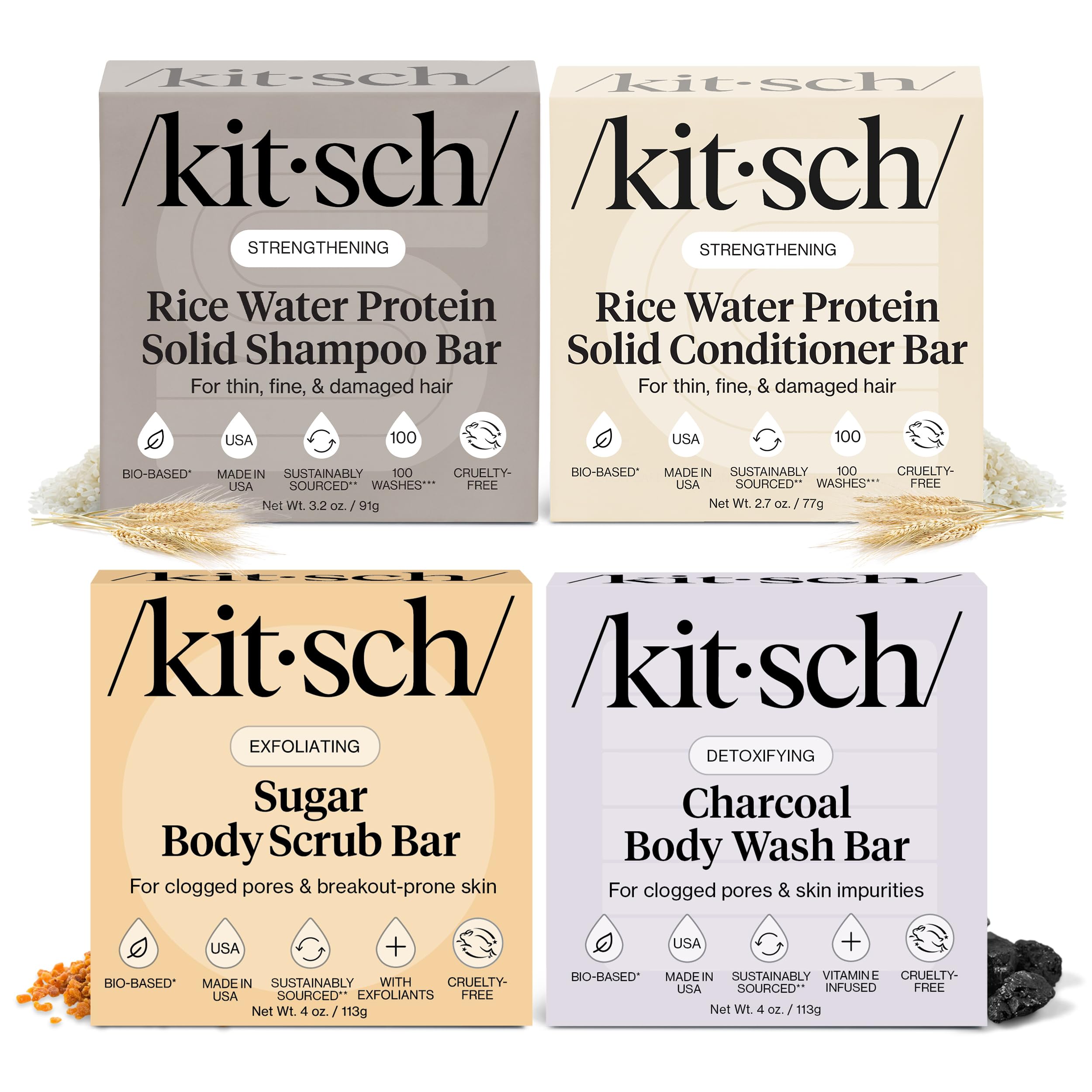 Kitsch rice water shampoo bar on display, promoting stronger, shinier hair.
