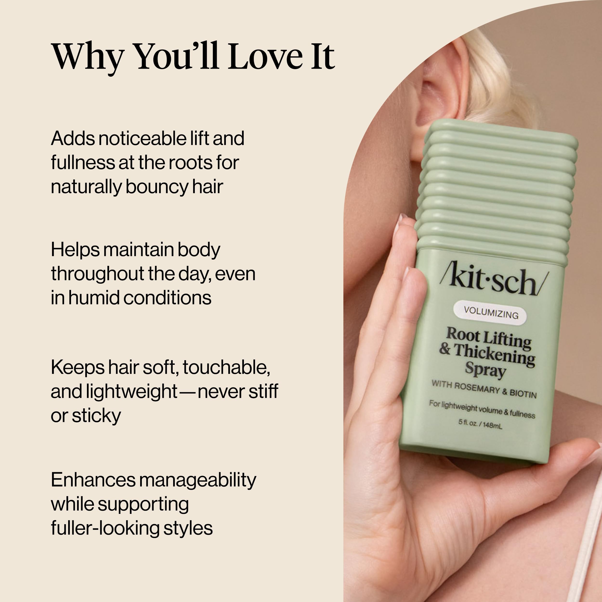 Kitsch Root Lifting Spray shows a soft, touchable finish on styled hair.