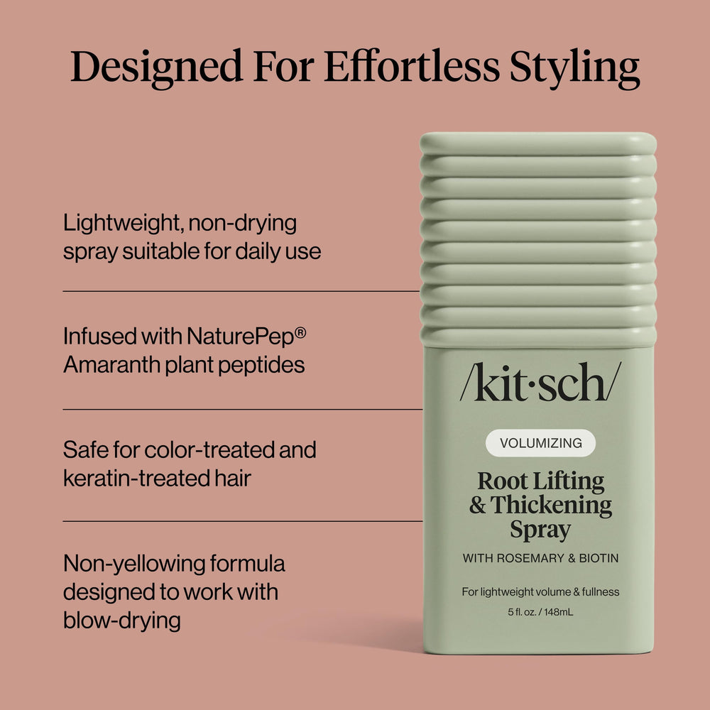 Kitsch Root Lifting Spray highlights lightweight thickening for natural-looking volume.