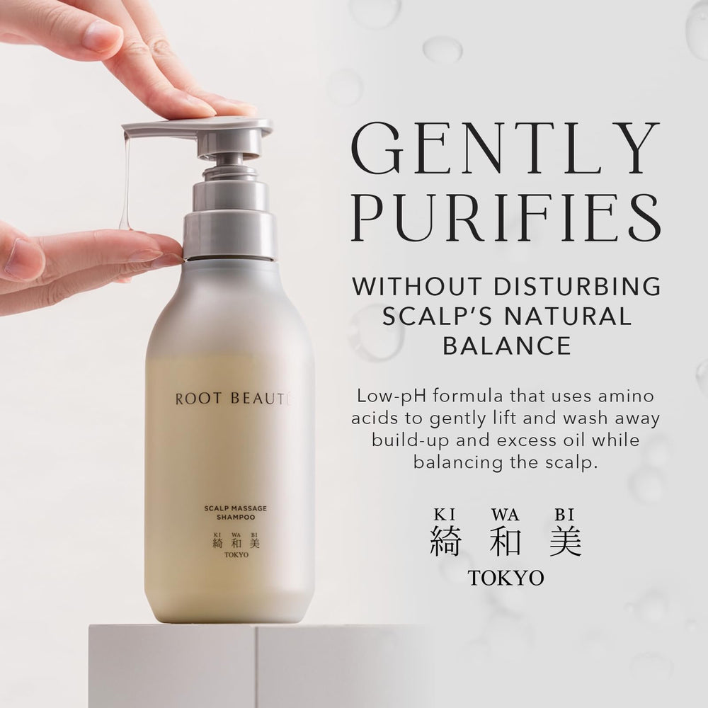 Hands applying KIWABI Root Beaute scalp massage application for soothing cleansing.
