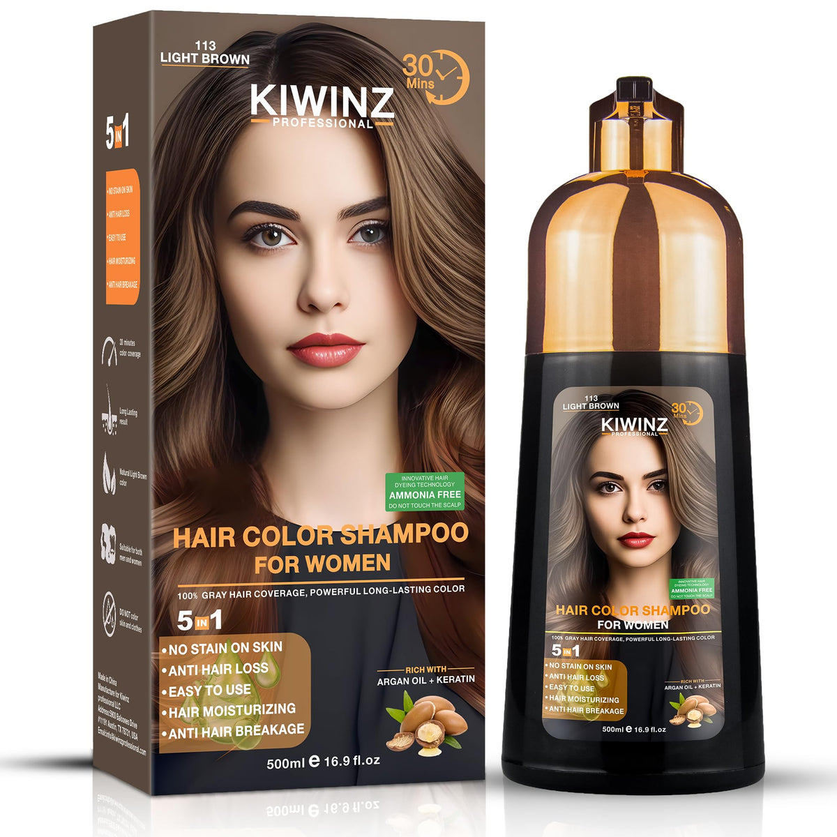 Kiwinz Professional hair color shampoo bottle with pump for quick, even color application.