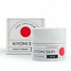 Kiyomi Skin Night Cream bottle closeup highlighting premium packaging and overnight hydration.
