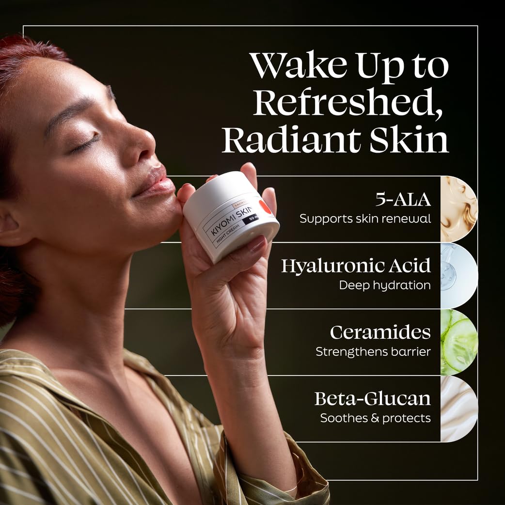 Kiyomi Skin Night Cream rich texture is shown for deep overnight nourishment.