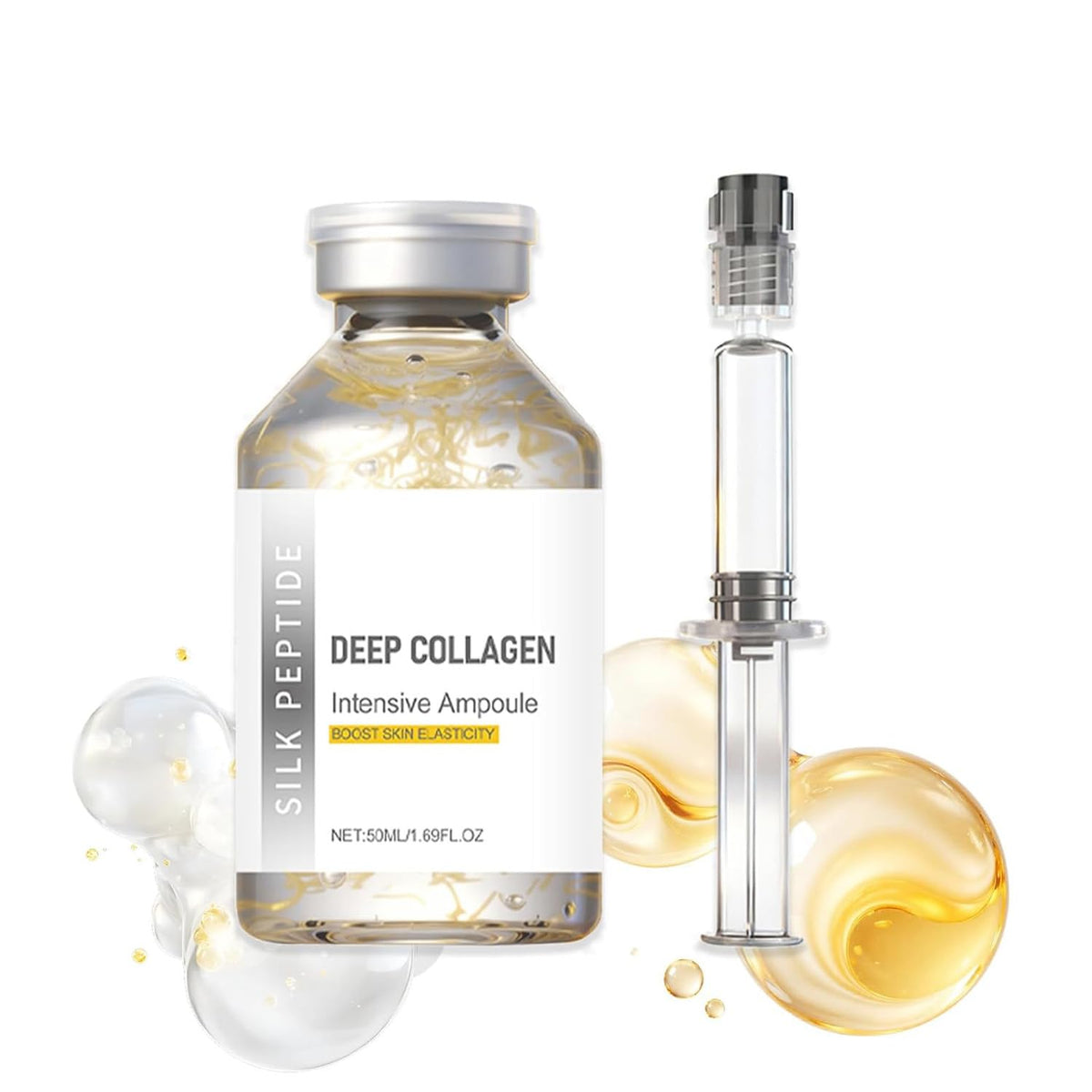 KKINYAS Deep Collagen Silk Peptide Ampoule Serum bottle highlights premium packaging for easy daily use.