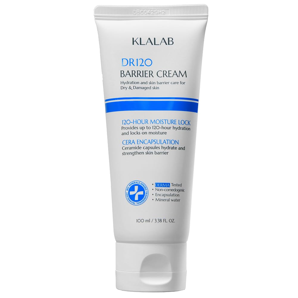 KLALAB DR120 barrier cream bottle showing fragrance-free protection for sensitive skin.