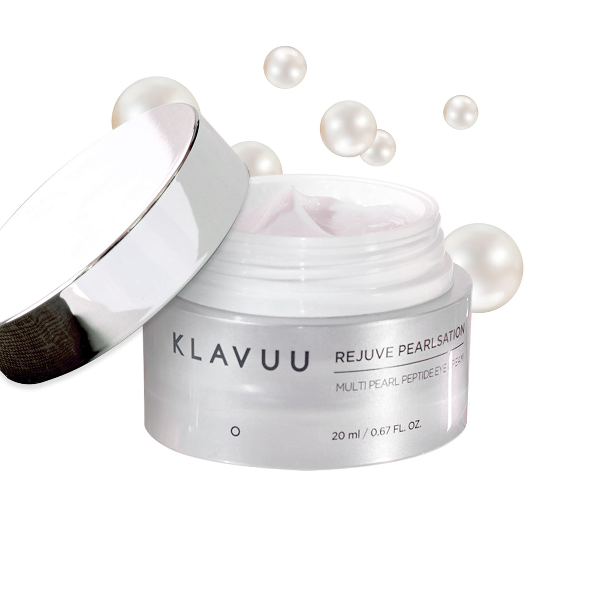KLAVUU Pearlsation eye cream jar close-up highlighting pearl formula for brighter under-eye skin.