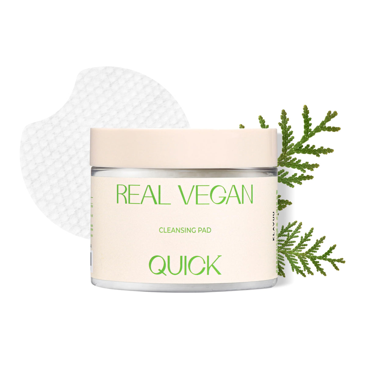 KLAVUU Real Vegan Quick Cleansing Pad packaging showcases a gentle, vegan cleansing experience.