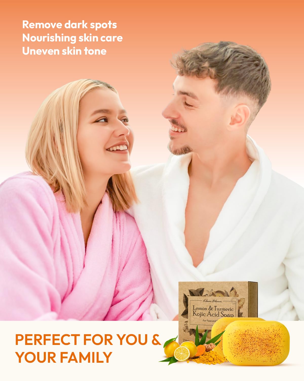 Usage guide image illustrating face and body applications of KlearBloom soap.