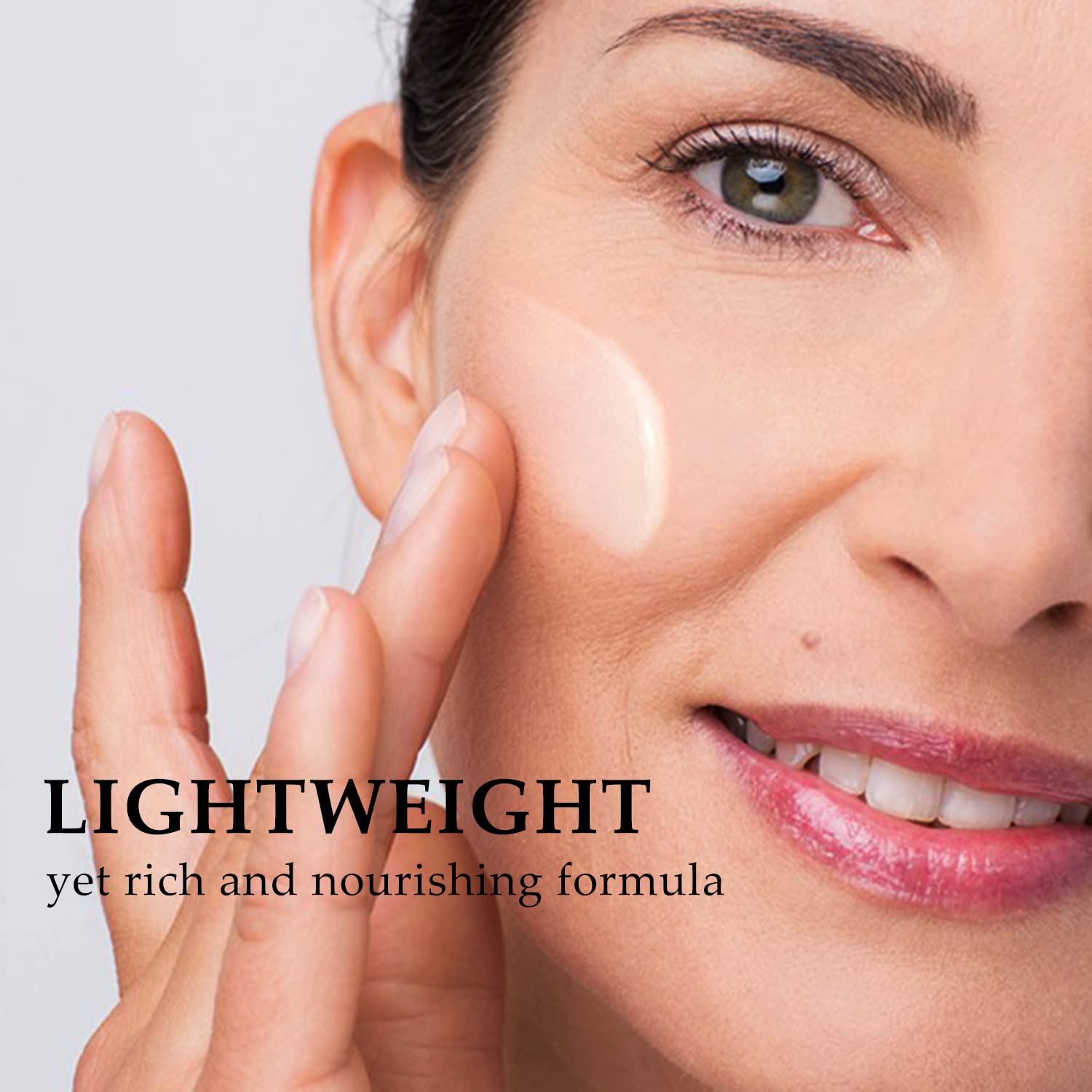 Close-up of lightweight serum texture, non-greasy on the skin.