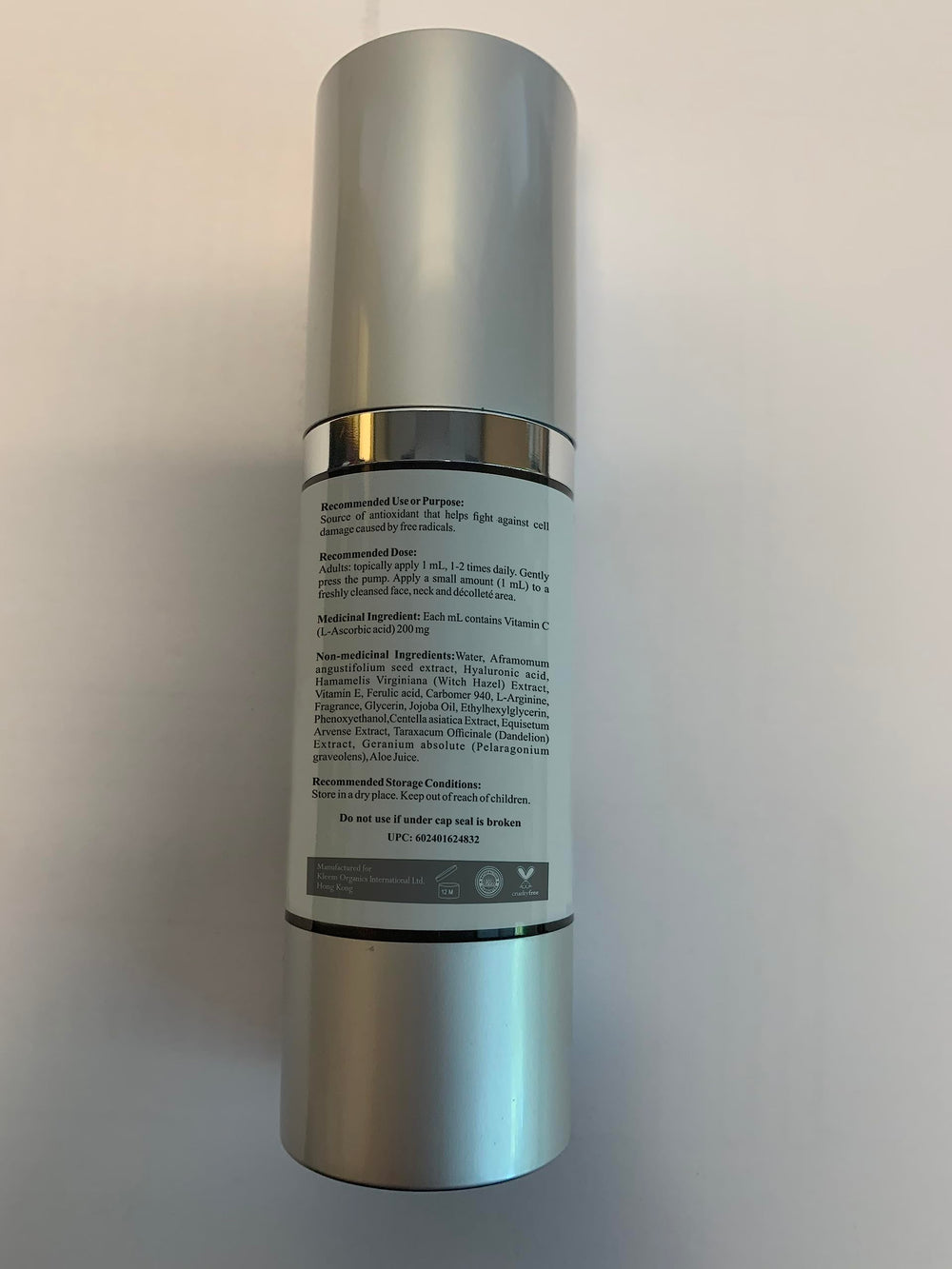USA-made label on Kleem Organics Vitamin C Serum bottle