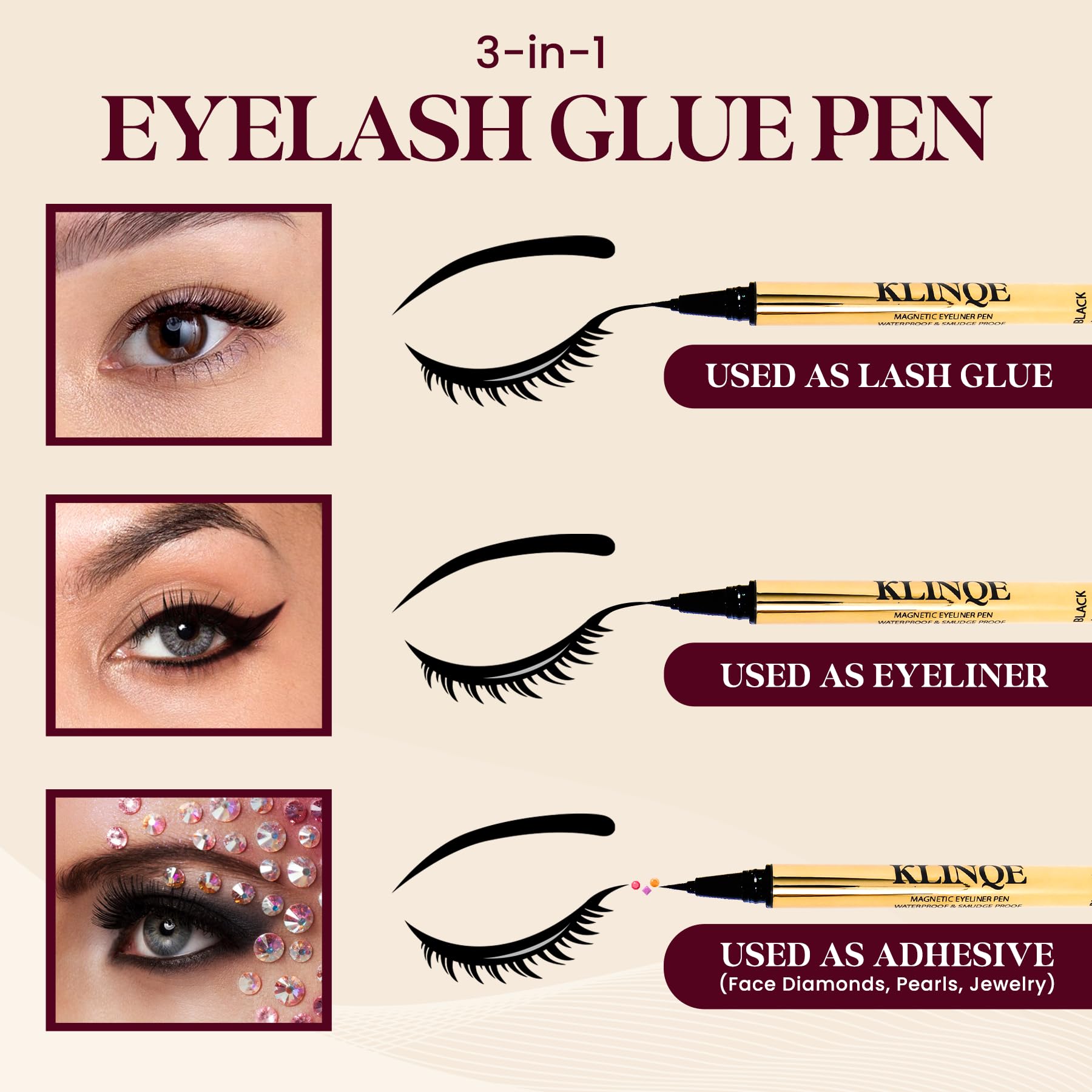 KLINQE Waterproof hold for long-lasting lashes through busy days.